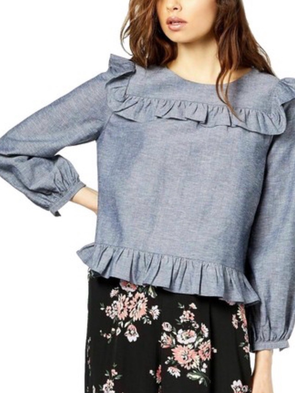 Jill Stuart Ruffle Chambray Peplum Blouse XS Blue Linen Blend